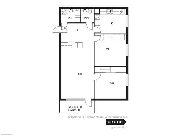 3h+k+kph+erillinen wc+lasitettu parveke  Turtkul – foto 2