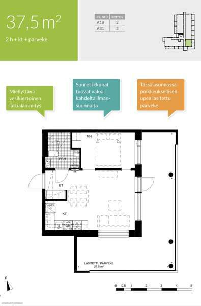 Kulma-asunto! 2h + avokeittiö + suuri lasitettu pa  Vantaa - valokuva 3