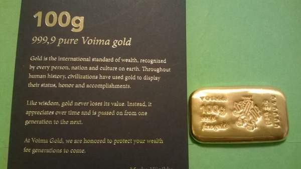 Voima 100 g 9999 kulta harkko. Sveitsistä Helsinki - valokuva 1