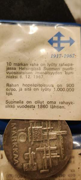 Hopeinen 10mk kolikko 1967 Suomussalmi - valokuva 2