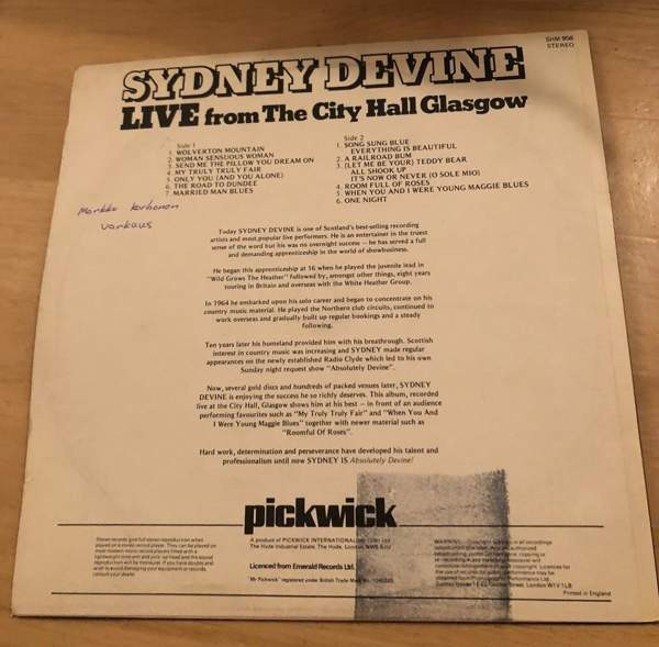 Sydney Devine Live From The City Hall Glasgow LP Vinyyli Joroinen - изображение 2
