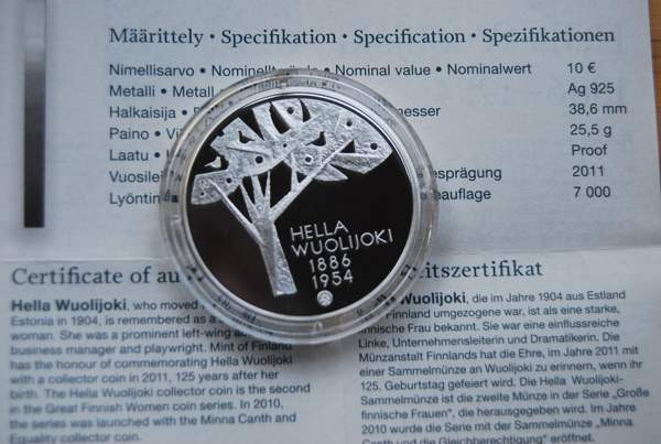 Suomi 2011 10 € Hella Wuolijoki HOPEA PROOF Helsinki - изображение 4