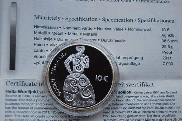 Suomi 2011 10 € Hella Wuolijoki HOPEA PROOF Helsinki - изображение 3
