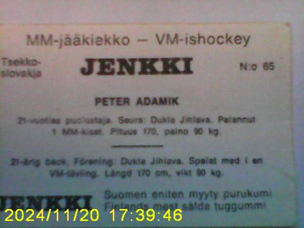 MM-jääkiekko Helsinki 1974 Jenkki purkkakuva N:o 65 Peter Adamik Helsinki - valokuva 2
