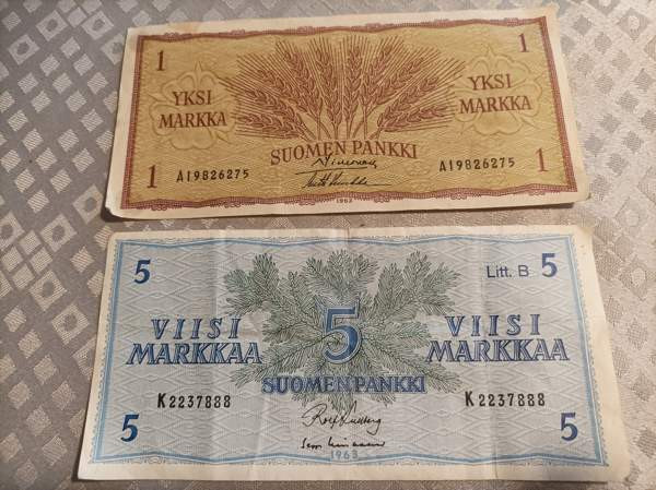 1963 vuoden ,1 markan ja 5 markan seteli Tervola - valokuva 2