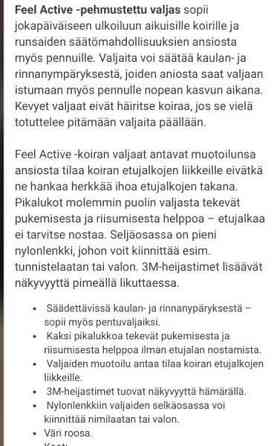 Pehmustetut Feel Active vaaleanpunaiset valjaat pikkukoiralle Lempäälä