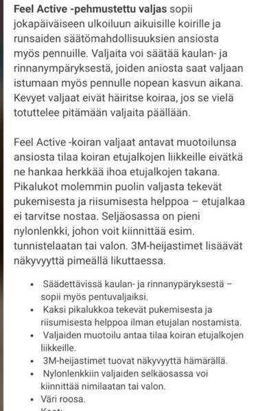 Pehmustetut Feel Active vaaleanpunaiset valjaat pikkukoiralle Lempäälä - valokuva 3