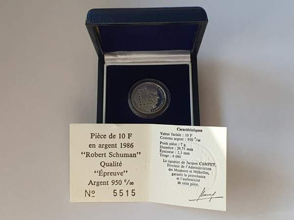 10 Francs 1986 Robert Schuman proof hopearaha Киркконумми - изображение 3